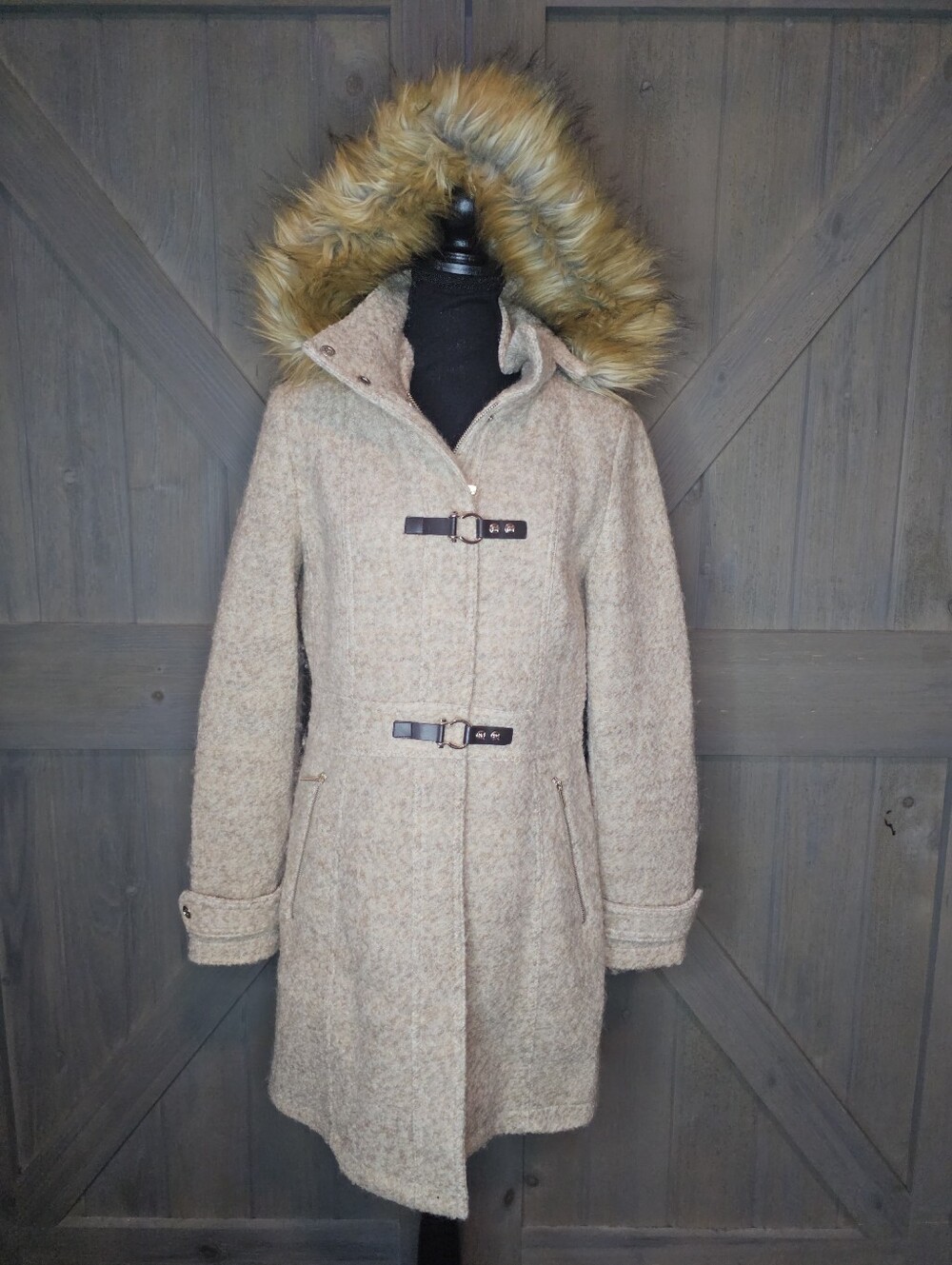 Ivanka Trump Wool Blend Toggle Coat Faux Fur Hood Sz 6